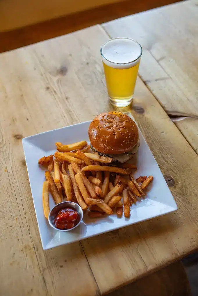 Skinny Pancake SP Smash Burger, fries, and a beer for lunch