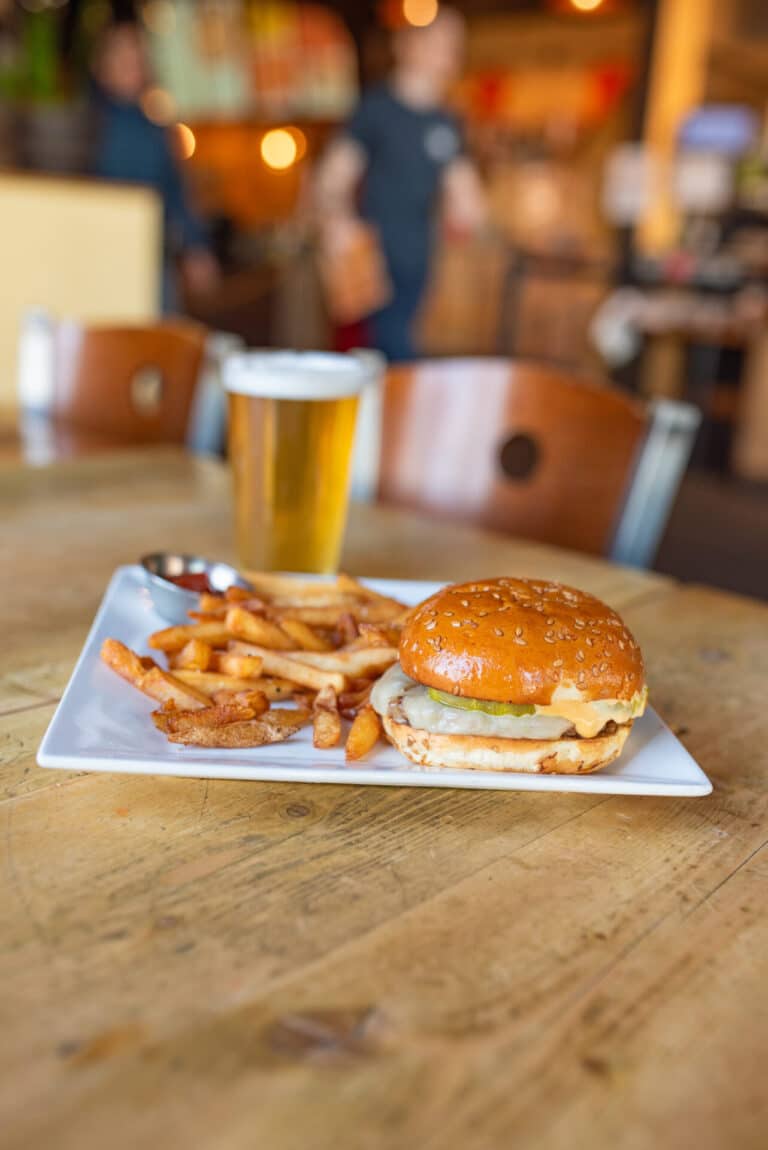 Smashburger and fries at The Skinny Pancake
