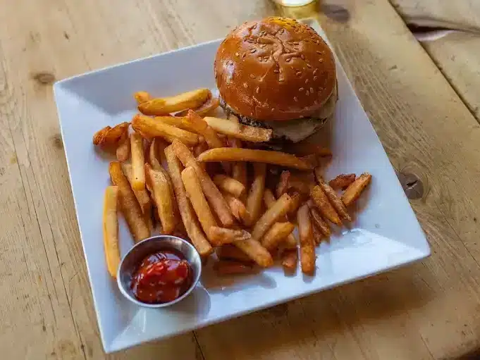 Skinny Pancake SP Smash Burger, fries, and a beer for lunch