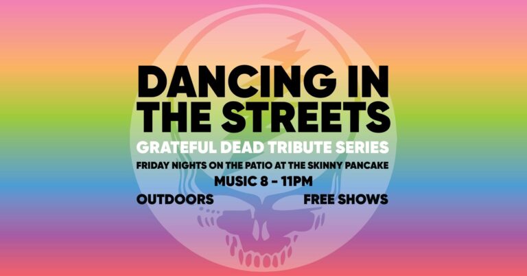 Dancing in the Streets Event Graphic - Rainbow background with the Grateful Dead logo in the background